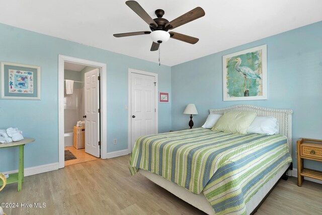 bedroom featuring ceiling fan and light hardwood / wood-style floors