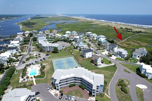 drone / aerial view featuring a water view