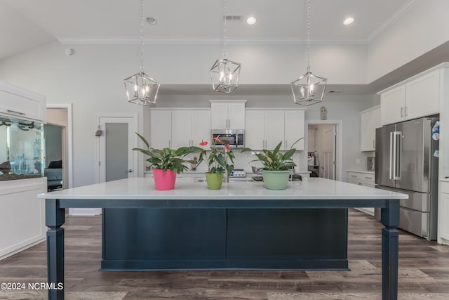 kitchen with a large island with sink, appliances with stainless steel finishes, dark hardwood / wood-style flooring, pendant lighting, and white cabinets