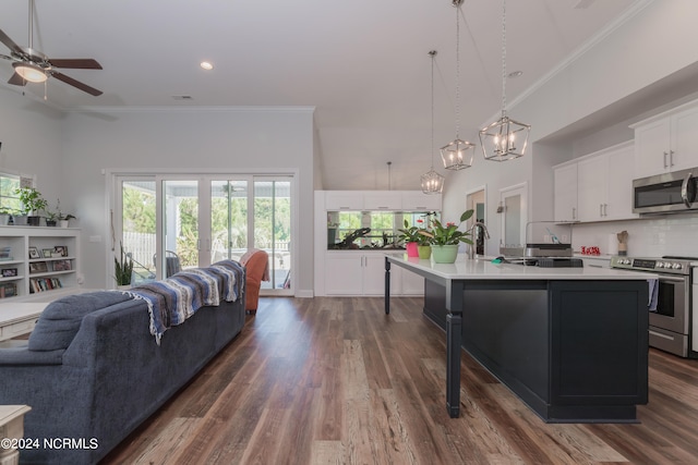 kitchen featuring a center island with sink, white cabinets, appliances with stainless steel finishes, a towering ceiling, and dark hardwood / wood-style flooring