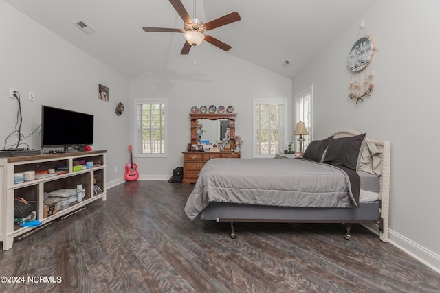 bedroom featuring high vaulted ceiling, dark wood-type flooring, and ceiling fan