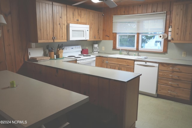 kitchen featuring ceiling fan, white appliances, sink, kitchen peninsula, and wood walls