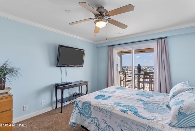 bedroom with ornamental molding, light carpet, access to exterior, and ceiling fan