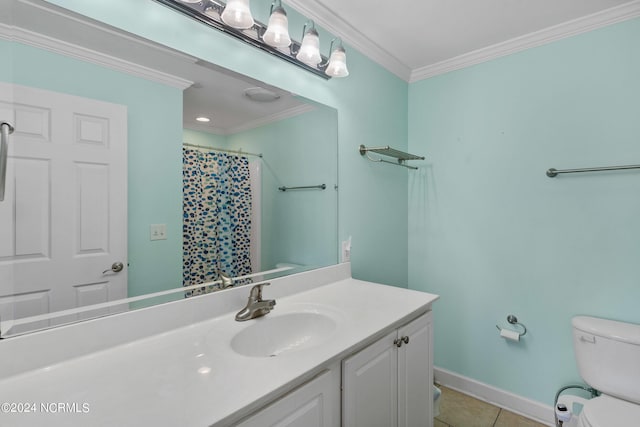 bathroom featuring walk in shower, toilet, vanity, crown molding, and tile patterned floors