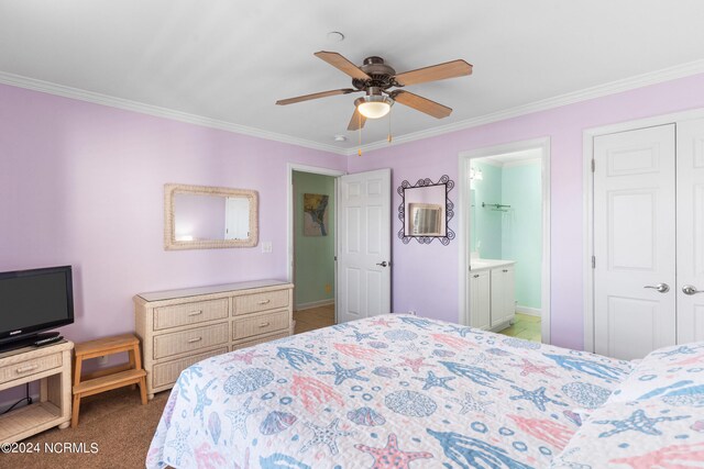 bedroom with connected bathroom, dark colored carpet, a closet, crown molding, and ceiling fan