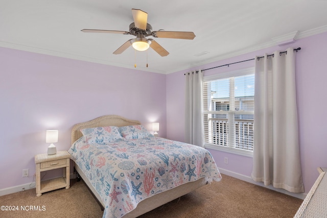 bedroom with ceiling fan, ornamental molding, and carpet floors