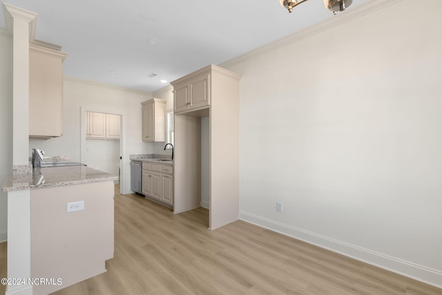 kitchen featuring sink, light stone counters, light hardwood / wood-style floors, stainless steel appliances, and crown molding