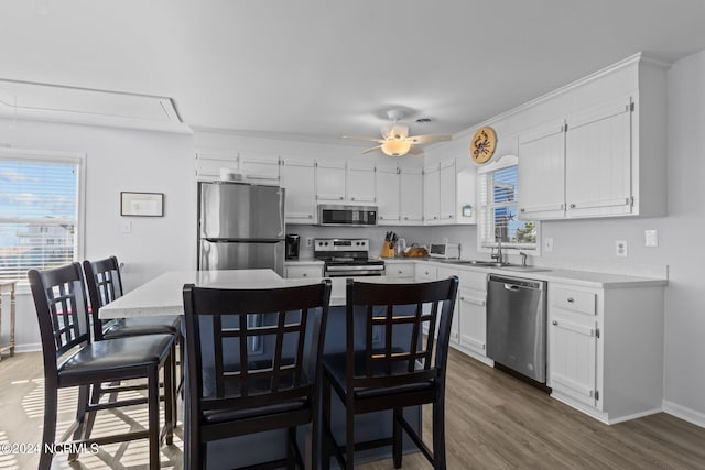 kitchen with dark wood-type flooring, sink, white cabinetry, appliances with stainless steel finishes, and ceiling fan