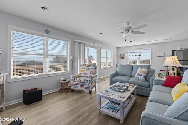 living room with hardwood / wood-style flooring, plenty of natural light, and ceiling fan with notable chandelier