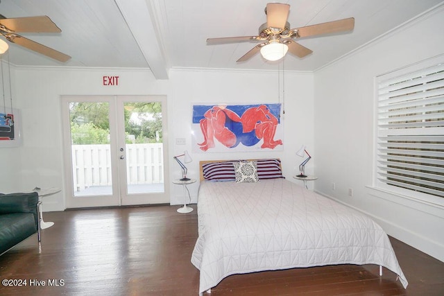 bedroom with access to outside, french doors, wood finished floors, beam ceiling, and crown molding