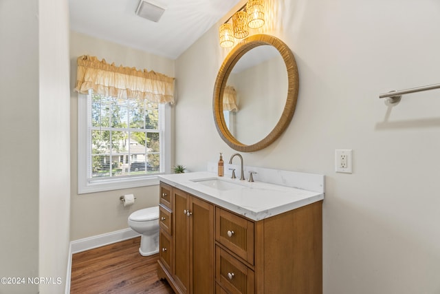 bathroom with vanity, toilet, and wood-type flooring