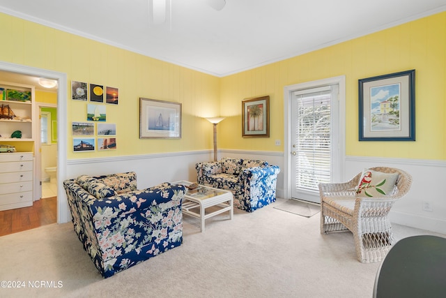 living area featuring crown molding and carpet