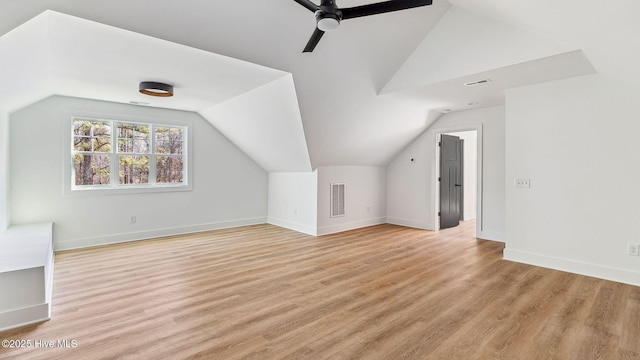 bonus room featuring ceiling fan, lofted ceiling, and light hardwood / wood-style floors