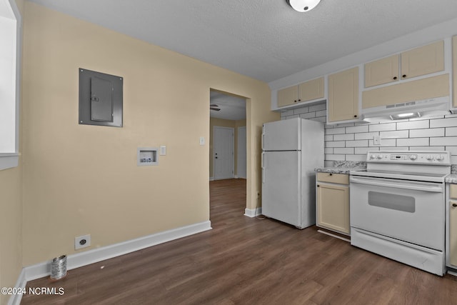 kitchen featuring electric panel, white appliances, cream cabinetry, decorative backsplash, and dark hardwood / wood-style floors