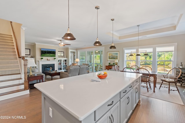 kitchen featuring light wood-type flooring, pendant lighting, a raised ceiling, and a center island