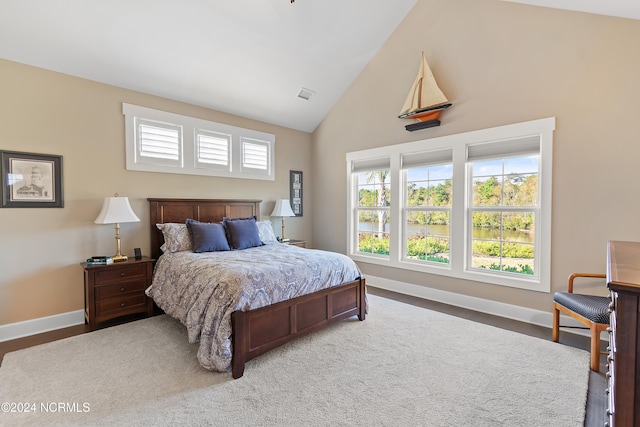 bedroom with high vaulted ceiling