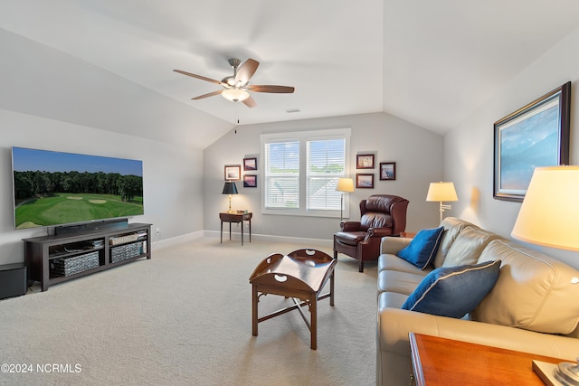 living room with light colored carpet, lofted ceiling, and ceiling fan