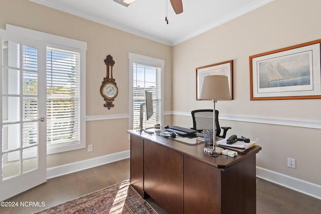 office featuring dark hardwood / wood-style flooring, ceiling fan, a healthy amount of sunlight, and crown molding