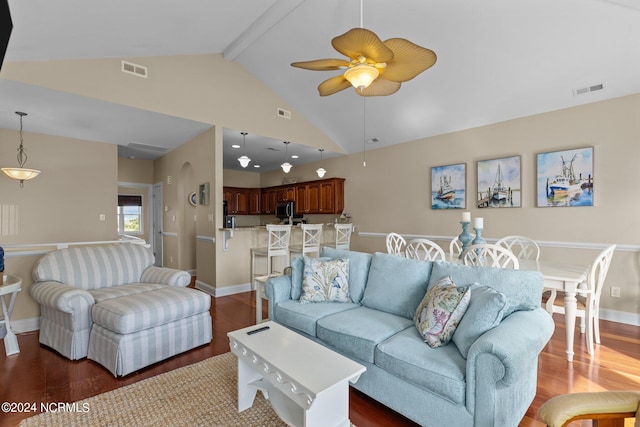 living room with beam ceiling, high vaulted ceiling, ceiling fan, and dark hardwood / wood-style flooring