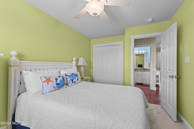 bedroom featuring wood-type flooring, a closet, and ceiling fan