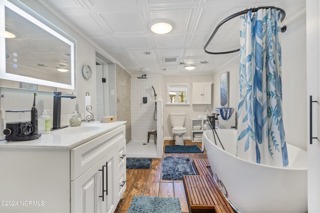 full bathroom with coffered ceiling, plus walk in shower, hardwood / wood-style flooring, toilet, and vanity