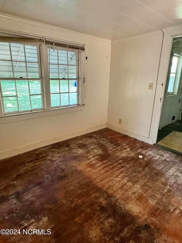 spare room featuring ornamental molding, dark hardwood / wood-style flooring, and a wealth of natural light