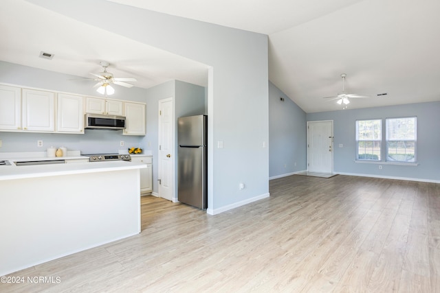 kitchen featuring ceiling fan, light hardwood / wood-style floors, stainless steel appliances, and white cabinets