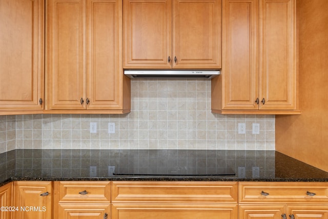 kitchen featuring dark stone countertops, black electric stovetop, and decorative backsplash