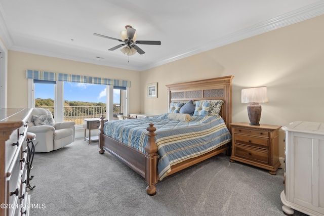 carpeted bedroom featuring crown molding and ceiling fan