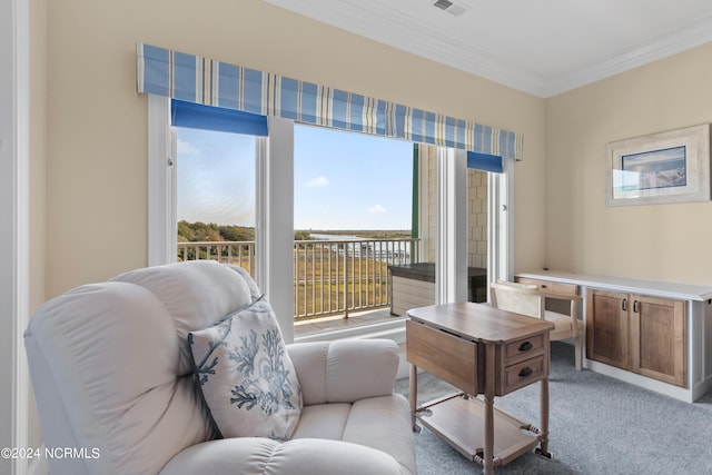 interior space featuring carpet floors and crown molding