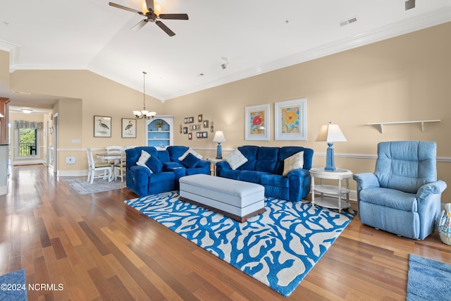 living room featuring lofted ceiling, wood-type flooring, ceiling fan with notable chandelier, and crown molding