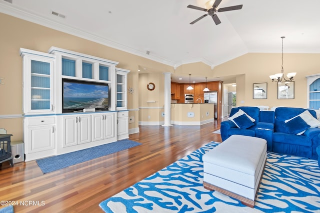 living room featuring crown molding, vaulted ceiling, and dark hardwood / wood-style flooring