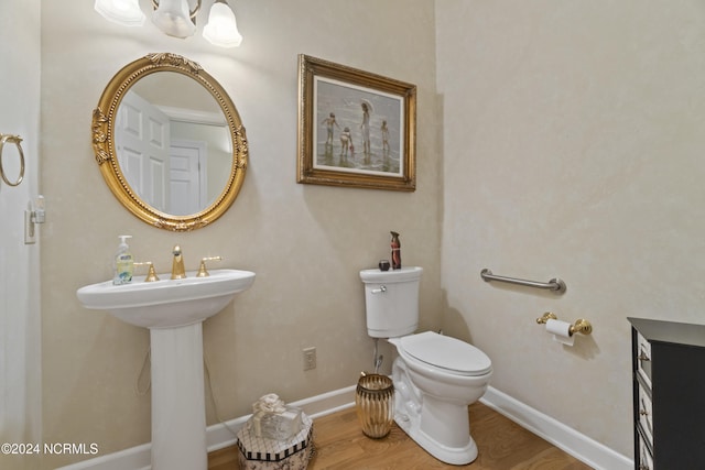 bathroom with toilet, sink, and wood-type flooring