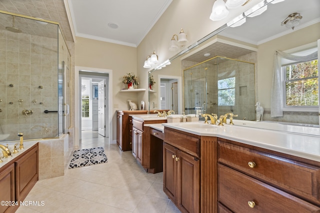 bathroom featuring a shower with door, crown molding, tile patterned floors, and vanity