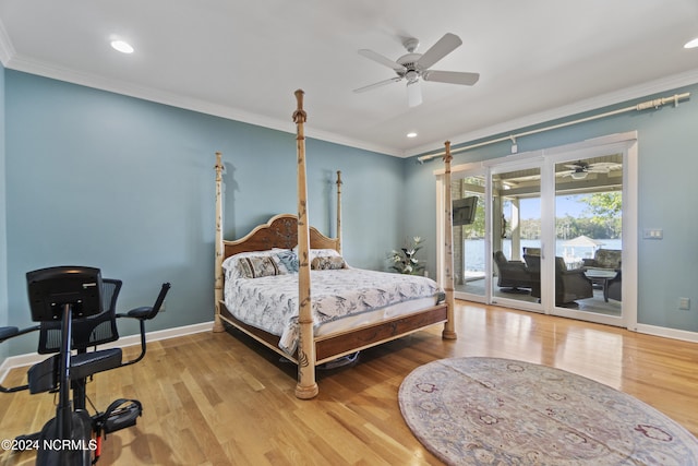 bedroom featuring access to outside, ceiling fan, wood-type flooring, and ornamental molding