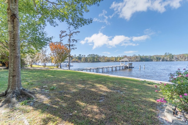 dock area featuring a water view and a lawn