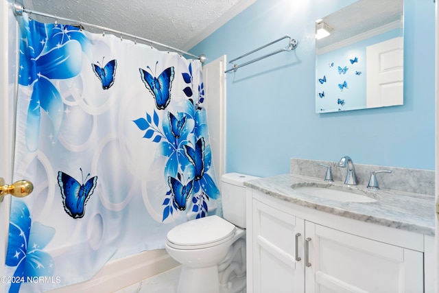 full bathroom featuring vanity, a textured ceiling, shower / tub combo with curtain, and toilet