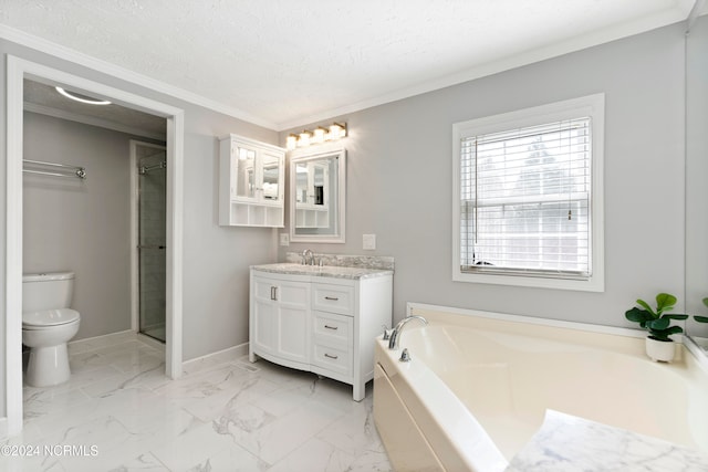 full bathroom featuring plus walk in shower, toilet, crown molding, vanity, and a textured ceiling