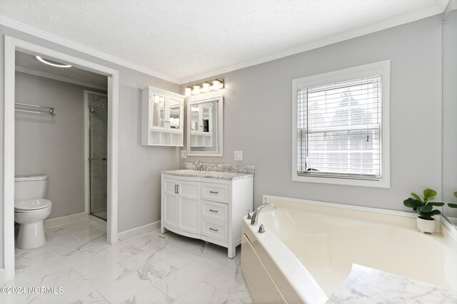 bathroom with vanity, a bath, toilet, crown molding, and baseboards