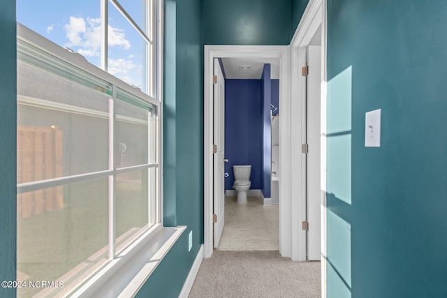 hallway featuring light carpet