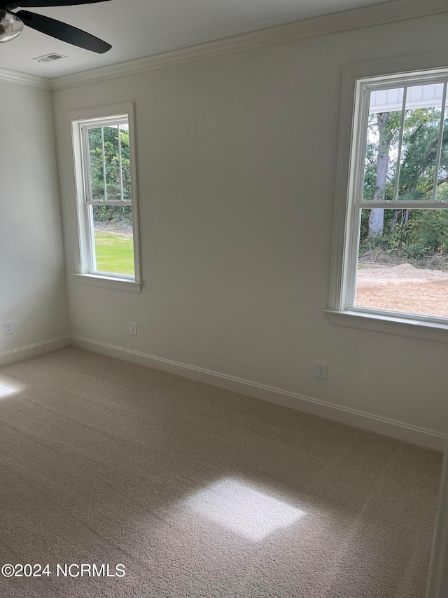 carpeted empty room with ornamental molding and ceiling fan