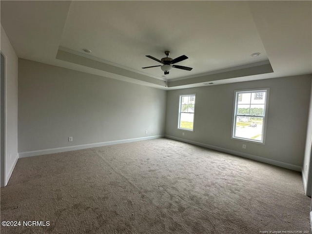 carpeted empty room with ceiling fan, a raised ceiling, and ornamental molding