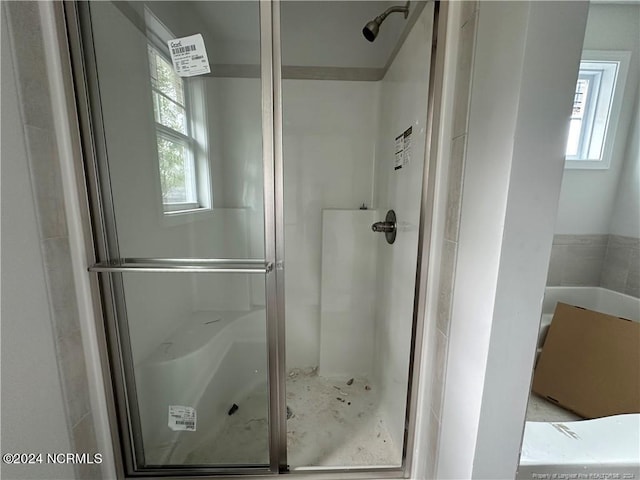 bathroom featuring a shower with door