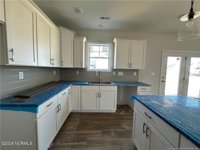 kitchen with white cabinetry, backsplash, sink, and dark hardwood / wood-style flooring