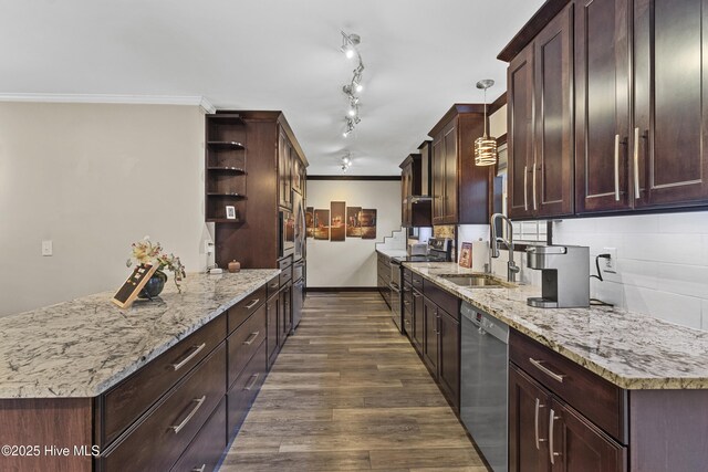 living room with rail lighting, ceiling fan, crown molding, and light hardwood / wood-style flooring