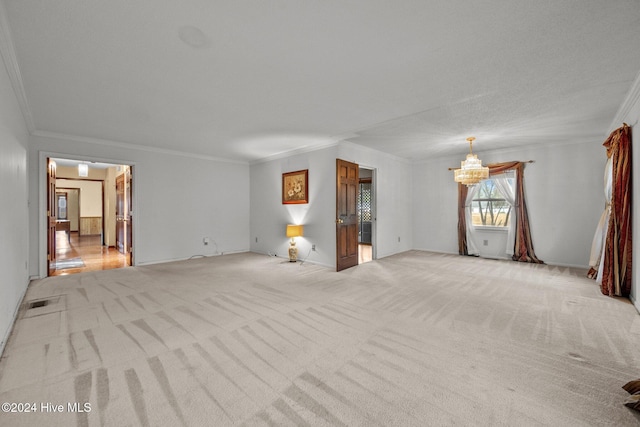 unfurnished living room featuring light colored carpet and crown molding