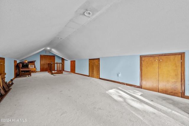 additional living space with lofted ceiling, a textured ceiling, and carpet floors