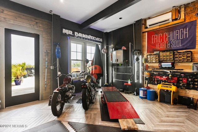 interior space featuring a wall mounted AC and parquet flooring