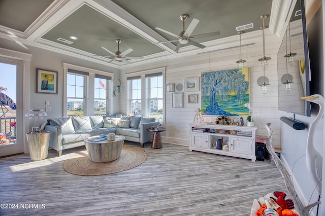 interior space featuring coffered ceiling, crown molding, ceiling fan, and wood-type flooring