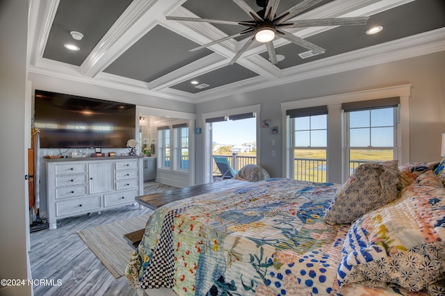 bedroom featuring light wood-type flooring, access to outside, beam ceiling, coffered ceiling, and crown molding